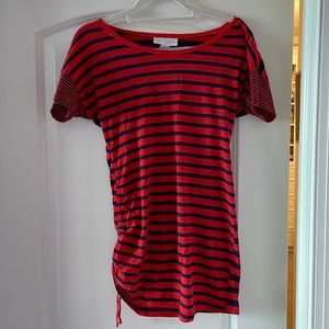 navy and red maternity shirt
